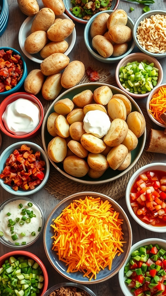A potato bar with baked potatoes and an assortment of toppings including sour cream, cheese, bacon, and green onions.